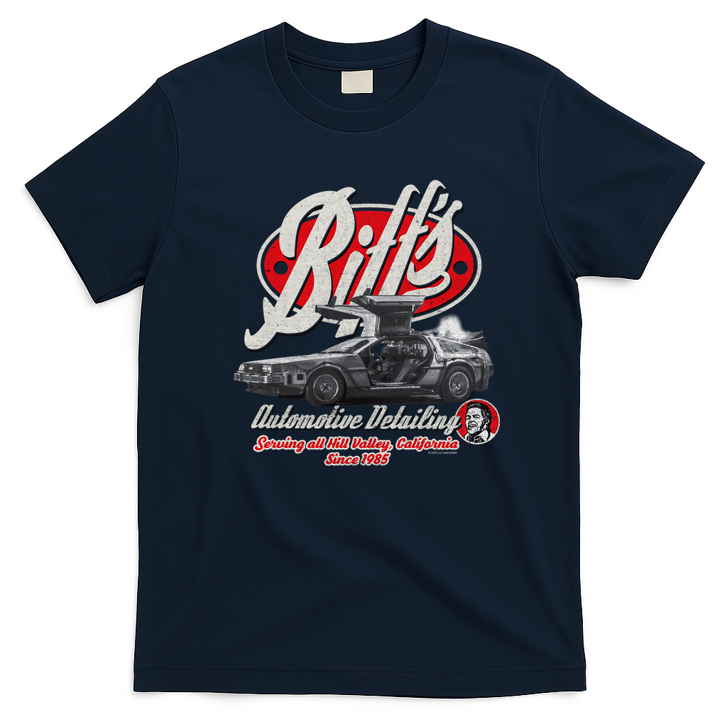 Biff’s Automotive Detail Back to the Future Worn Out Vintage T-Shirt - Navy Blue