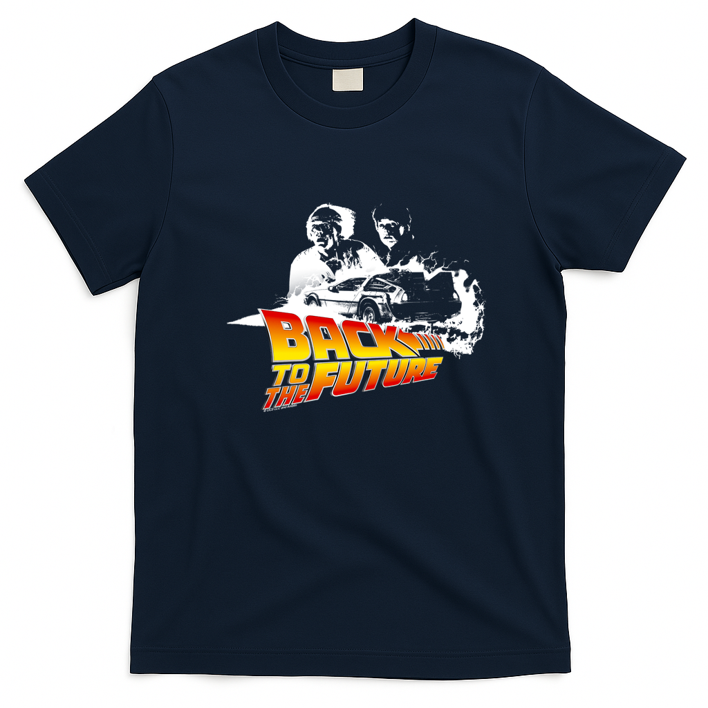 DeLorean Fire Tracks Marty & Doc T-Shirt - Navy Blue