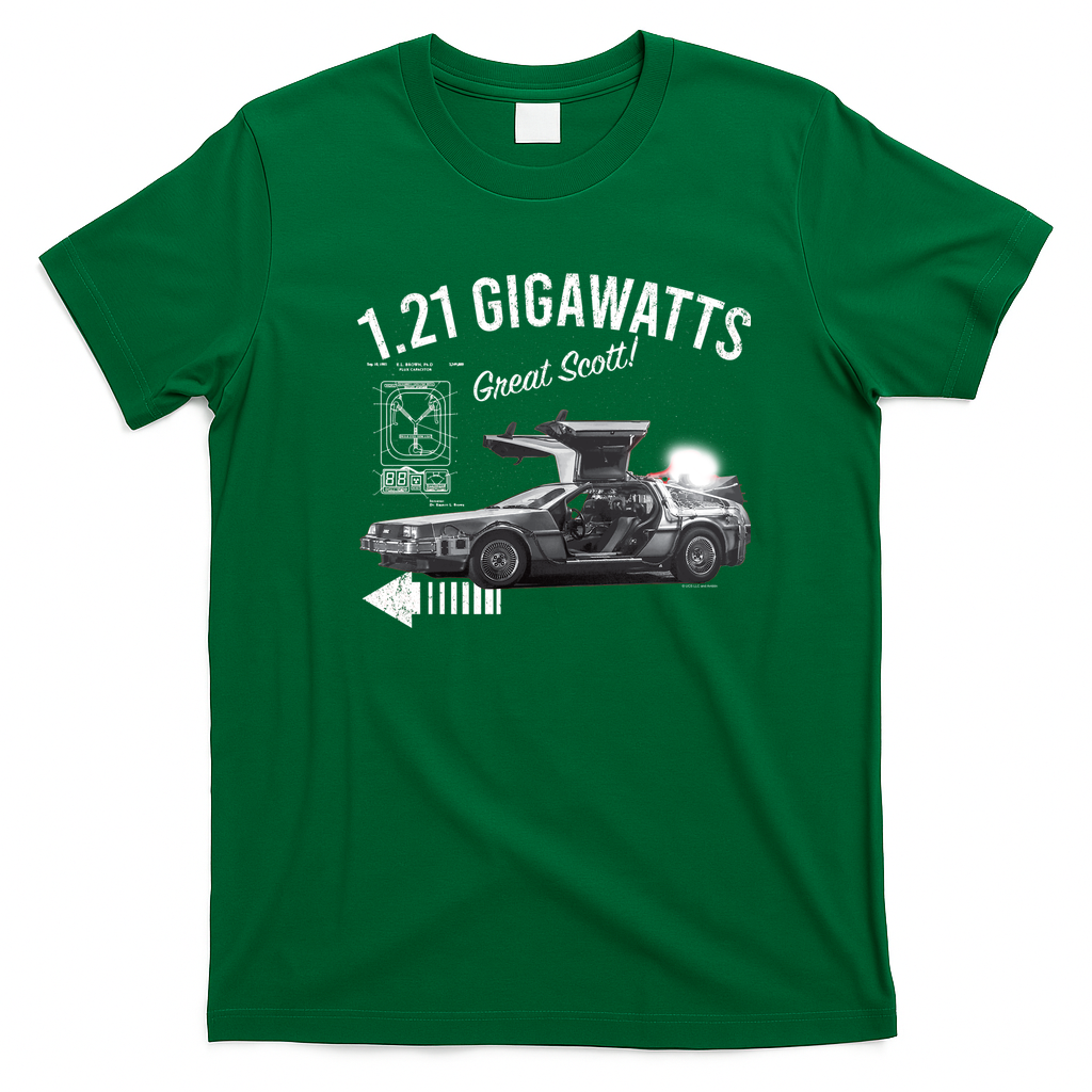 Back to the Future 1.21 Gigawatts DeLorean Car Graphic T-Shirt - Irish Green