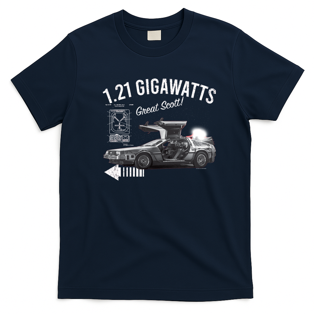 Back to the Future 1.21 Gigawatts DeLorean Car Graphic T-Shirt - Navy Blue