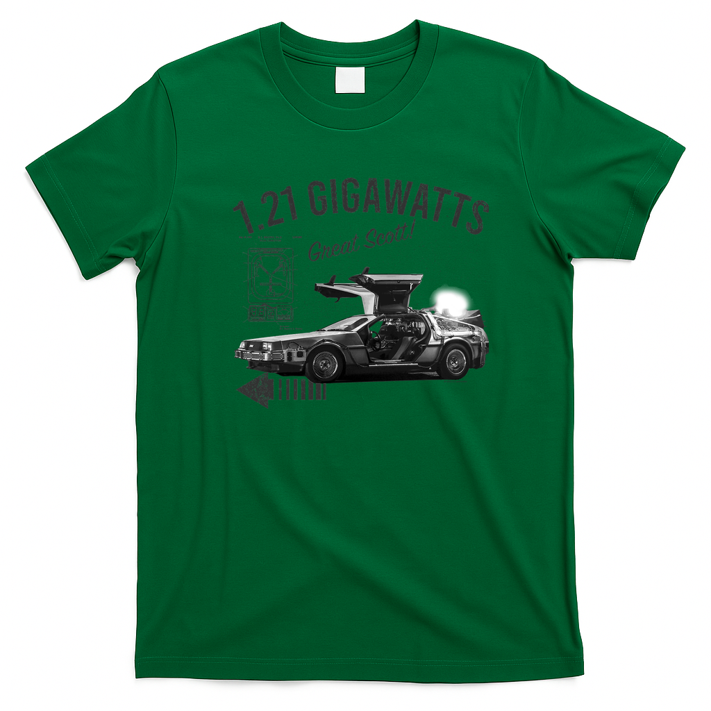Back to the Future 1.21 Gigawatts DeLorean Car Retro Graphic Tee - Irish Green