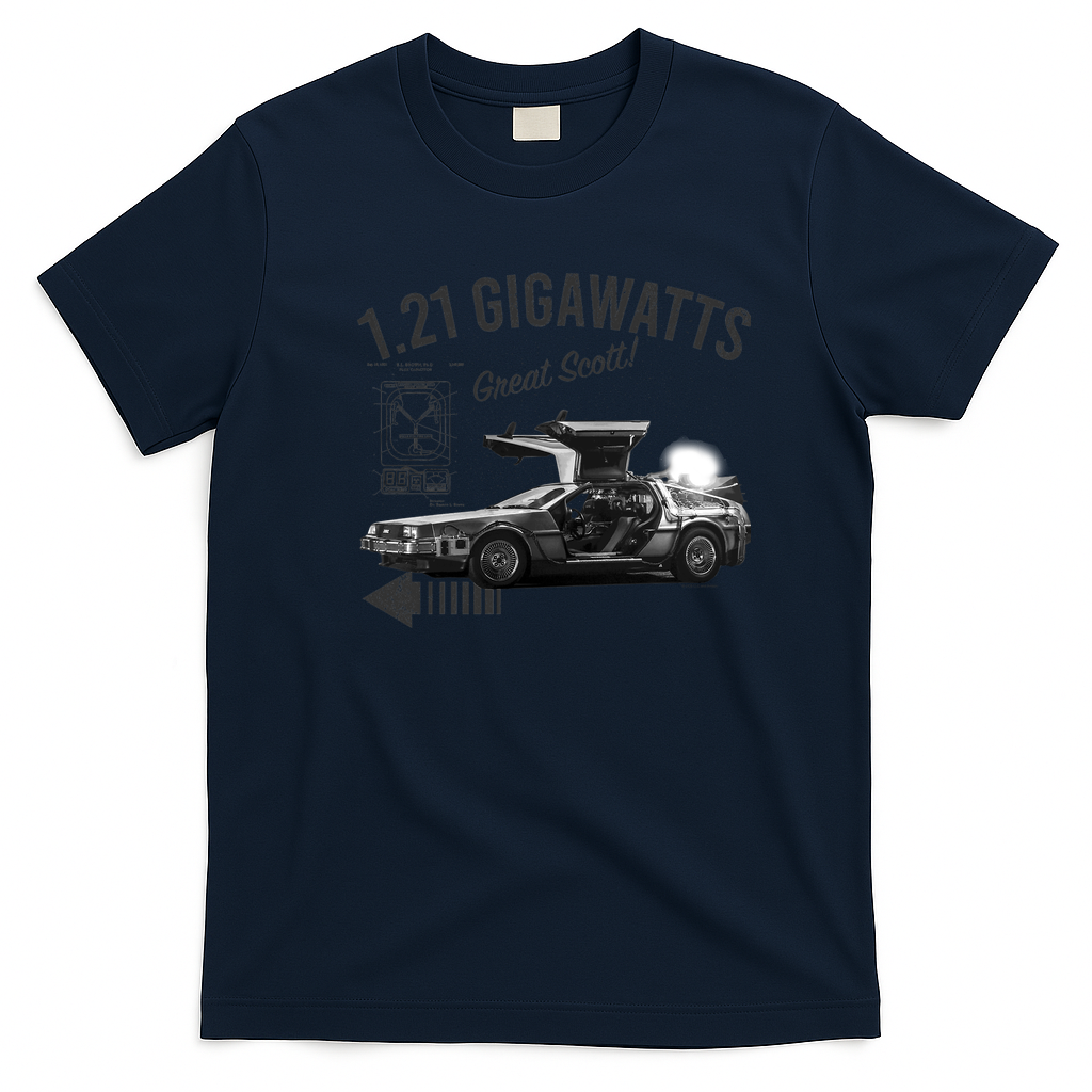 Back to the Future 1.21 Gigawatts DeLorean Car Retro Graphic Tee - Navy Blue