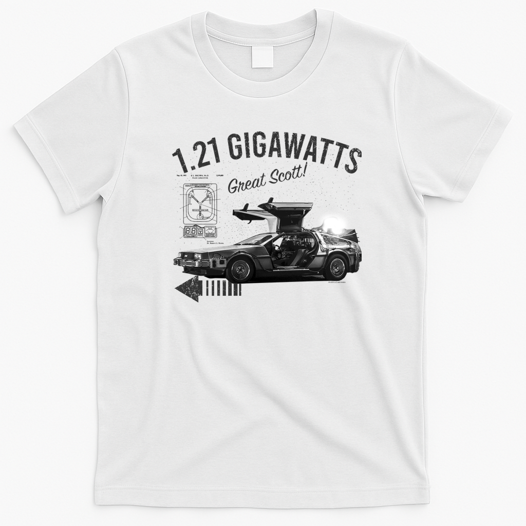 Back to the Future 1.21 Gigawatts DeLorean Car Retro Graphic Tee - White