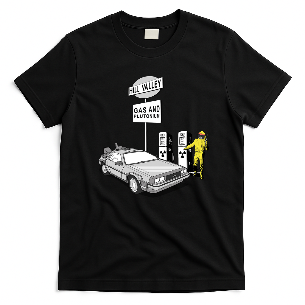 Hill Valley Gas Station DeLorean T-Shirt - Black