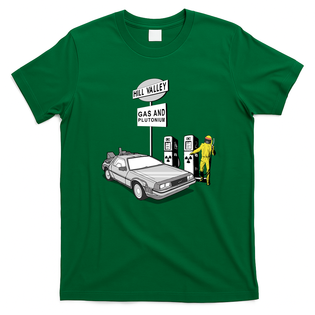 Hill Valley Gas Station DeLorean T-Shirt - Irish Green
