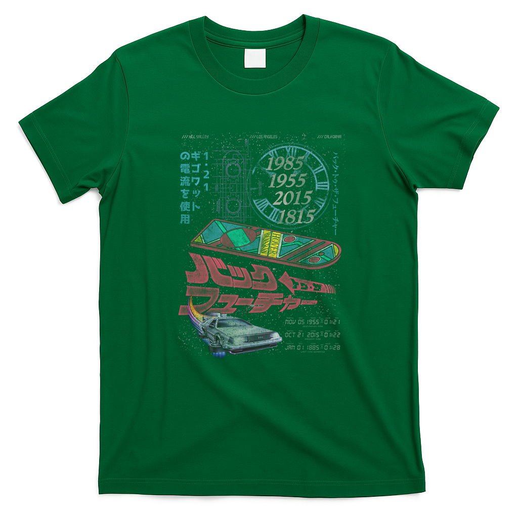 Back to the Future DeLorean and Hoverboard Kanji Graphic T-Shirt - Irish Green