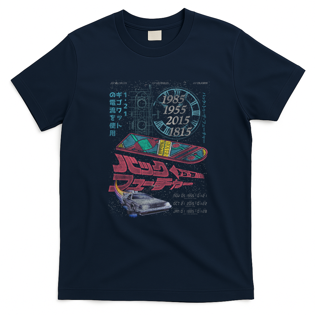 Back to the Future DeLorean and Hoverboard Kanji Graphic T-Shirt - Navy Blue