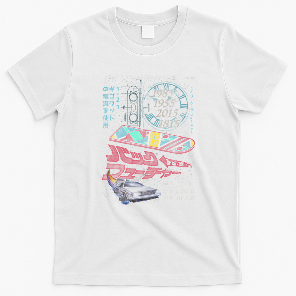Back to the Future DeLorean and Hoverboard Kanji Graphic T-Shirt - White