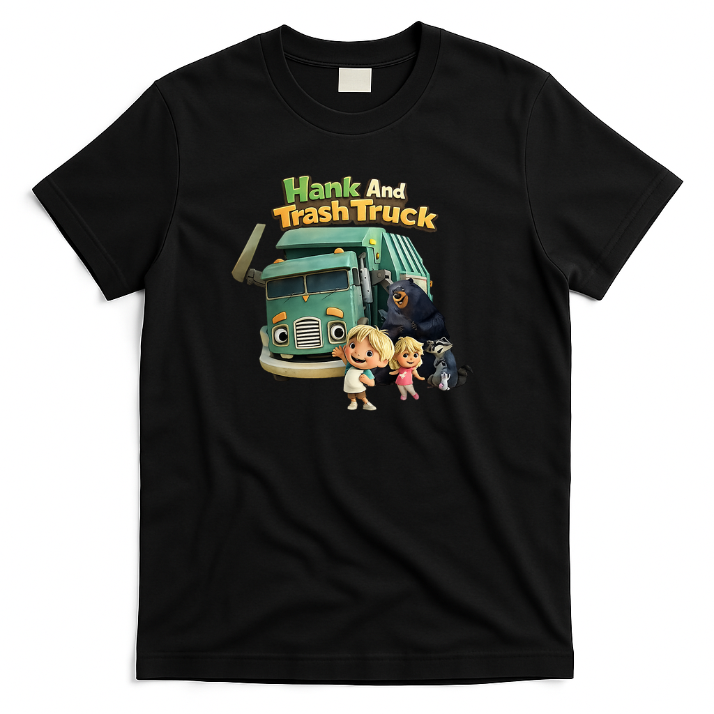 Cute Hank & Trash Truck - Friendly Little Helper and Recycling Truck Graphic T-Shirt - Black