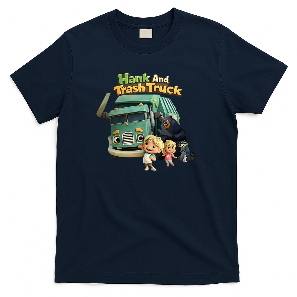 Cute Hank & Trash Truck - Friendly Little Helper and Recycling Truck Graphic T-Shirt - Navy Blue