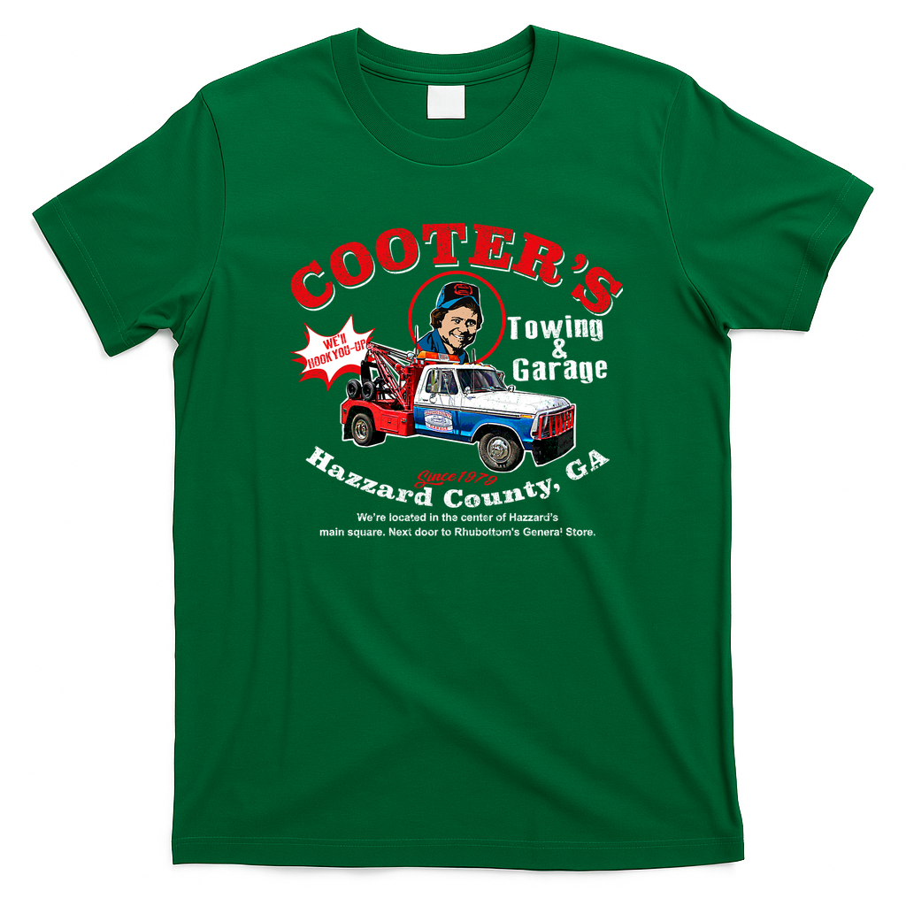 Cooter’s Towing Worn Hazzard County Retro Graphic Tee - Irish Green