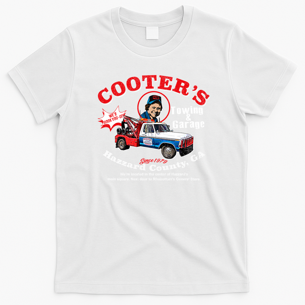 Cooter’s Towing Worn Hazzard County Retro Graphic Tee - White