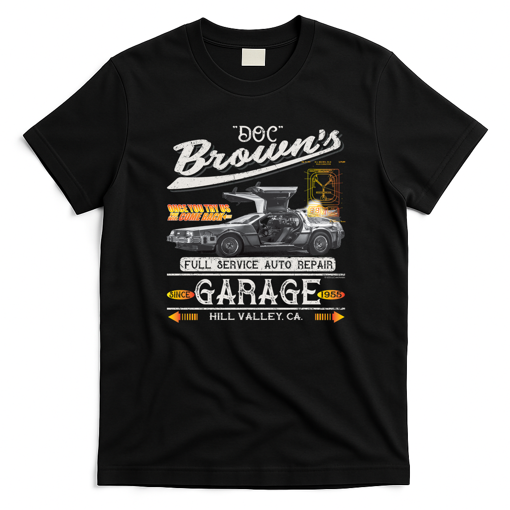 Doc Brown’s Auto Repair Garage DeLorean Car Vintage T-Shirt - Black