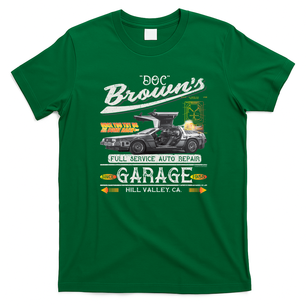 Doc Brown’s Auto Repair Garage DeLorean Car Vintage T-Shirt - Irish Green