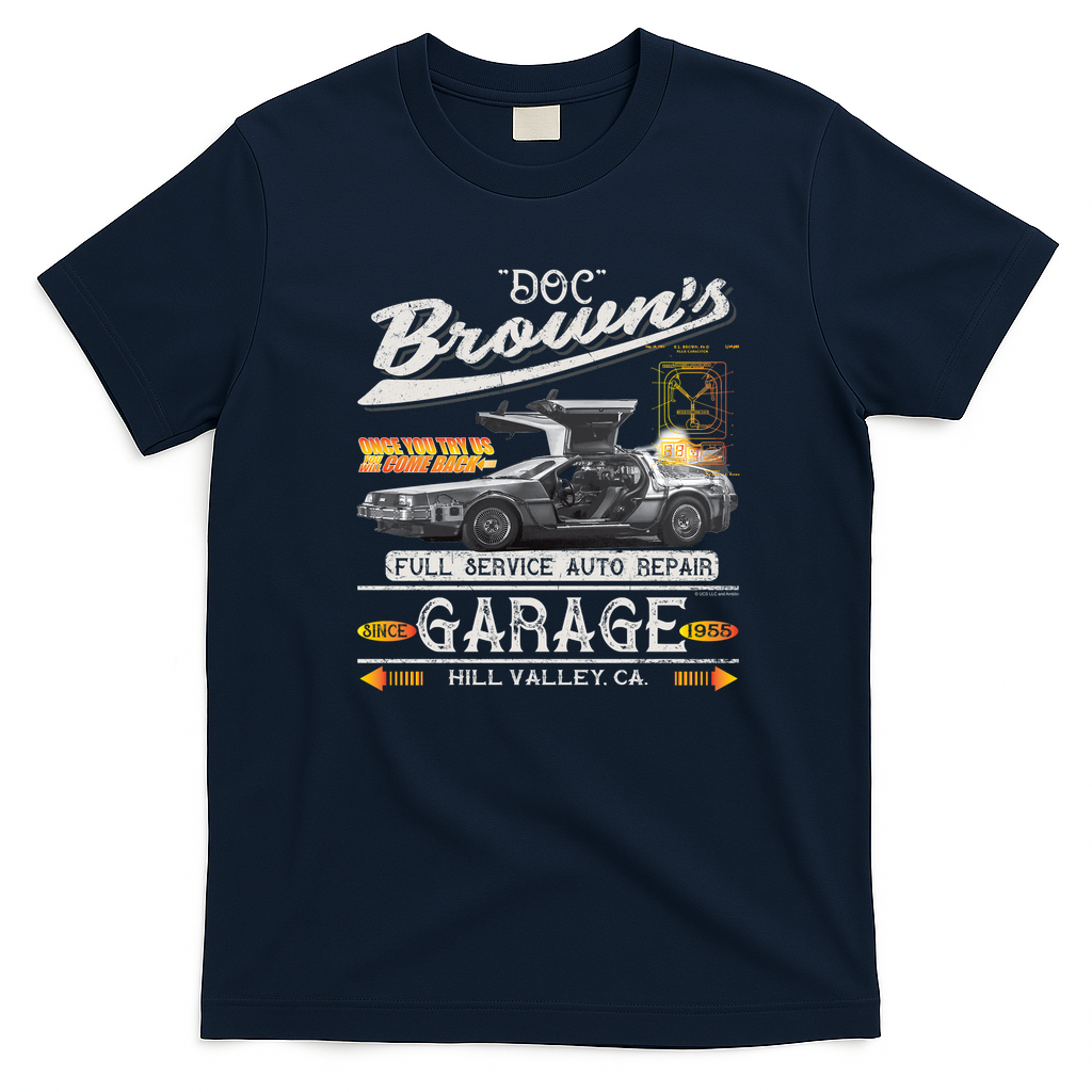 Doc Brown’s Auto Repair Garage DeLorean Car Vintage T-Shirt - Navy Blue