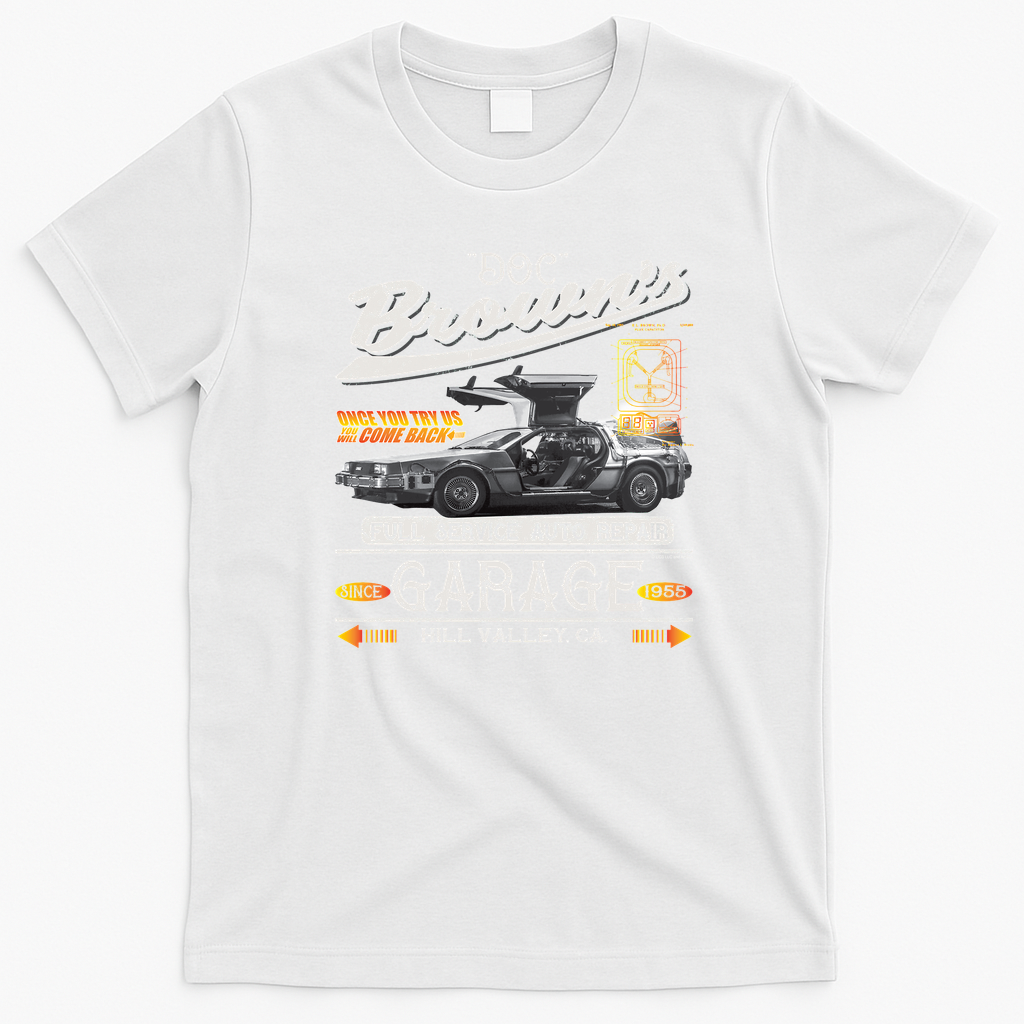 Doc Brown’s Auto Repair Garage DeLorean Car Vintage T-Shirt - White
