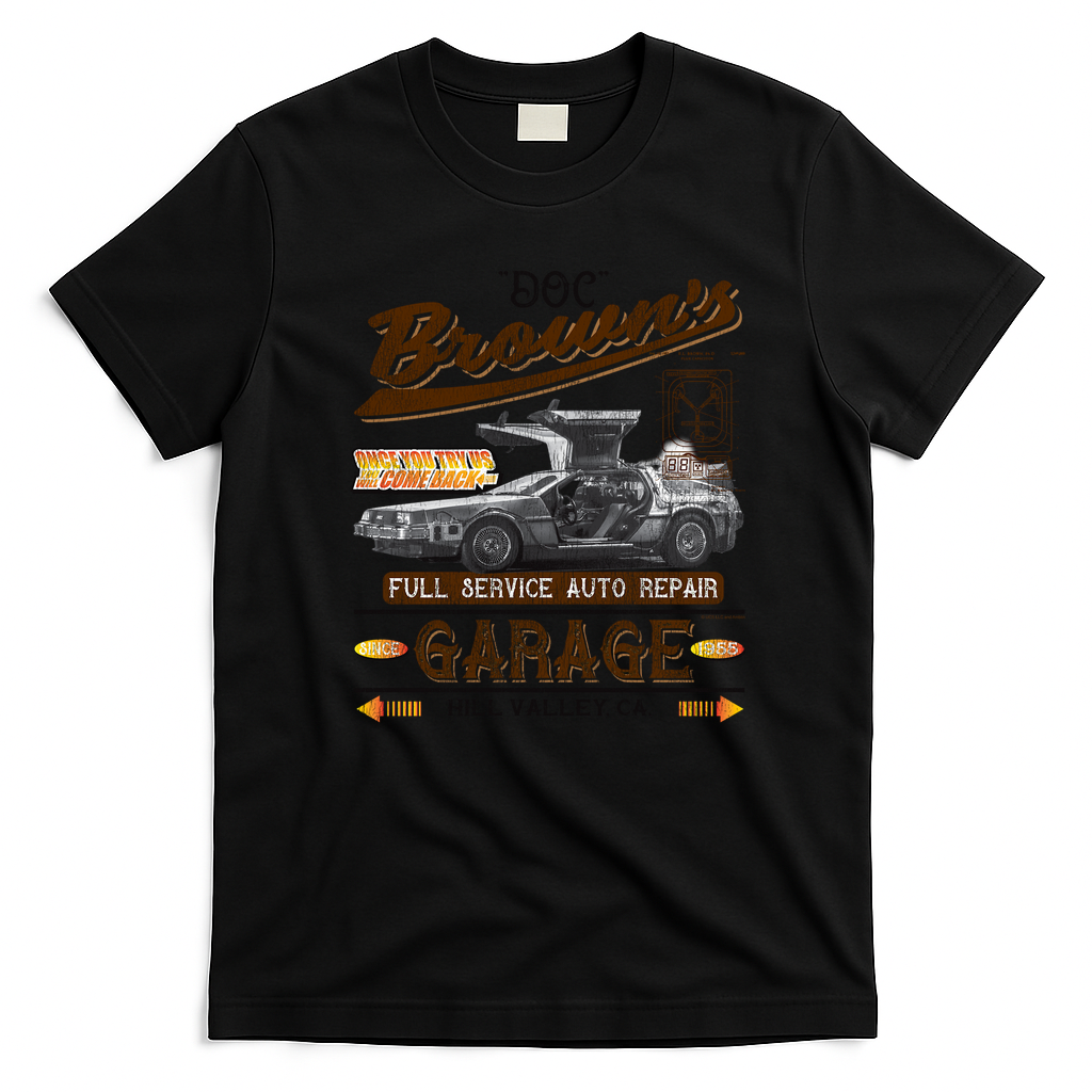 Doc Brown’s Auto Repair Garage DeLorean Car Retro Graphic Tee - Black