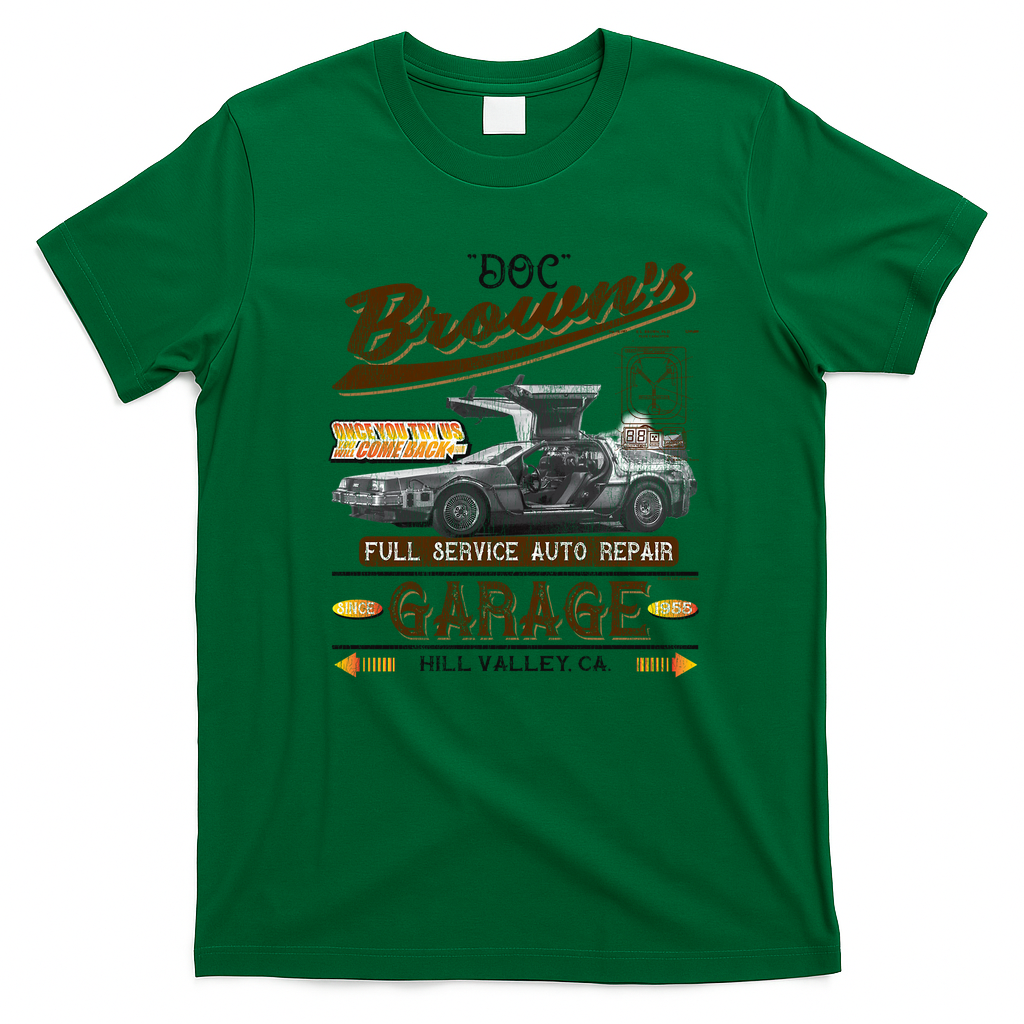 Doc Brown’s Auto Repair Garage DeLorean Car Retro Graphic Tee - Irish Green