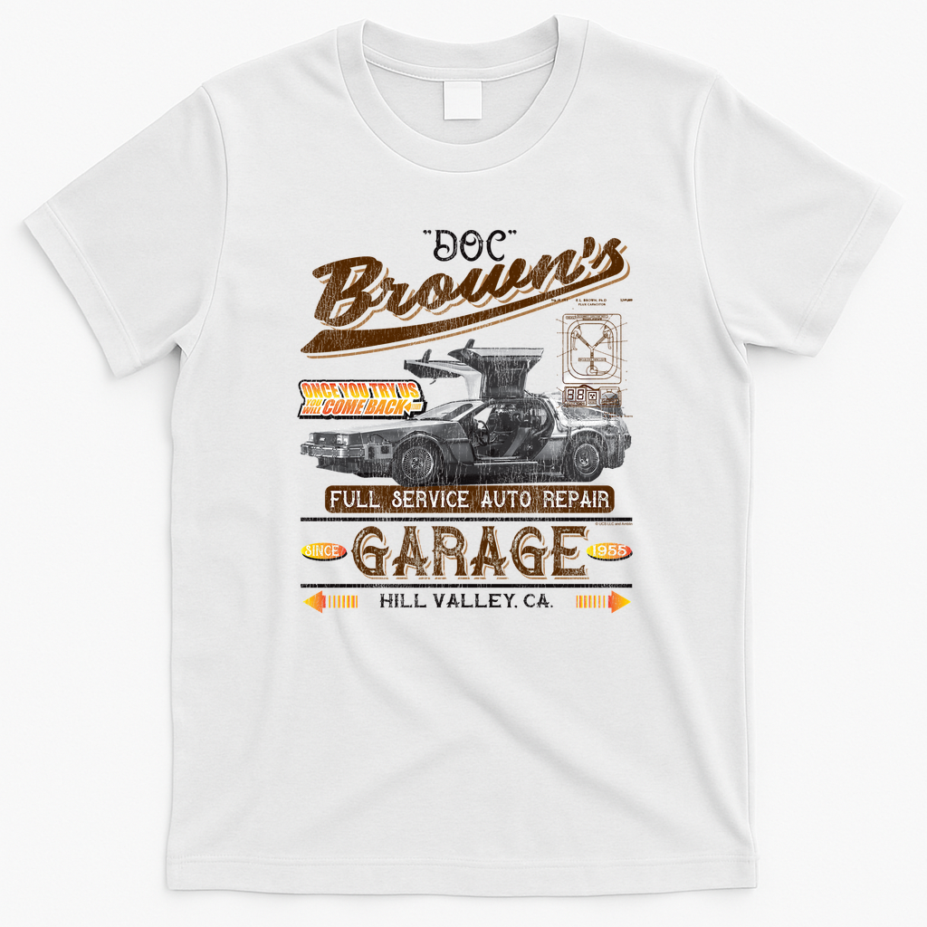 Doc Brown’s Auto Repair Garage DeLorean Car Retro Graphic Tee - White