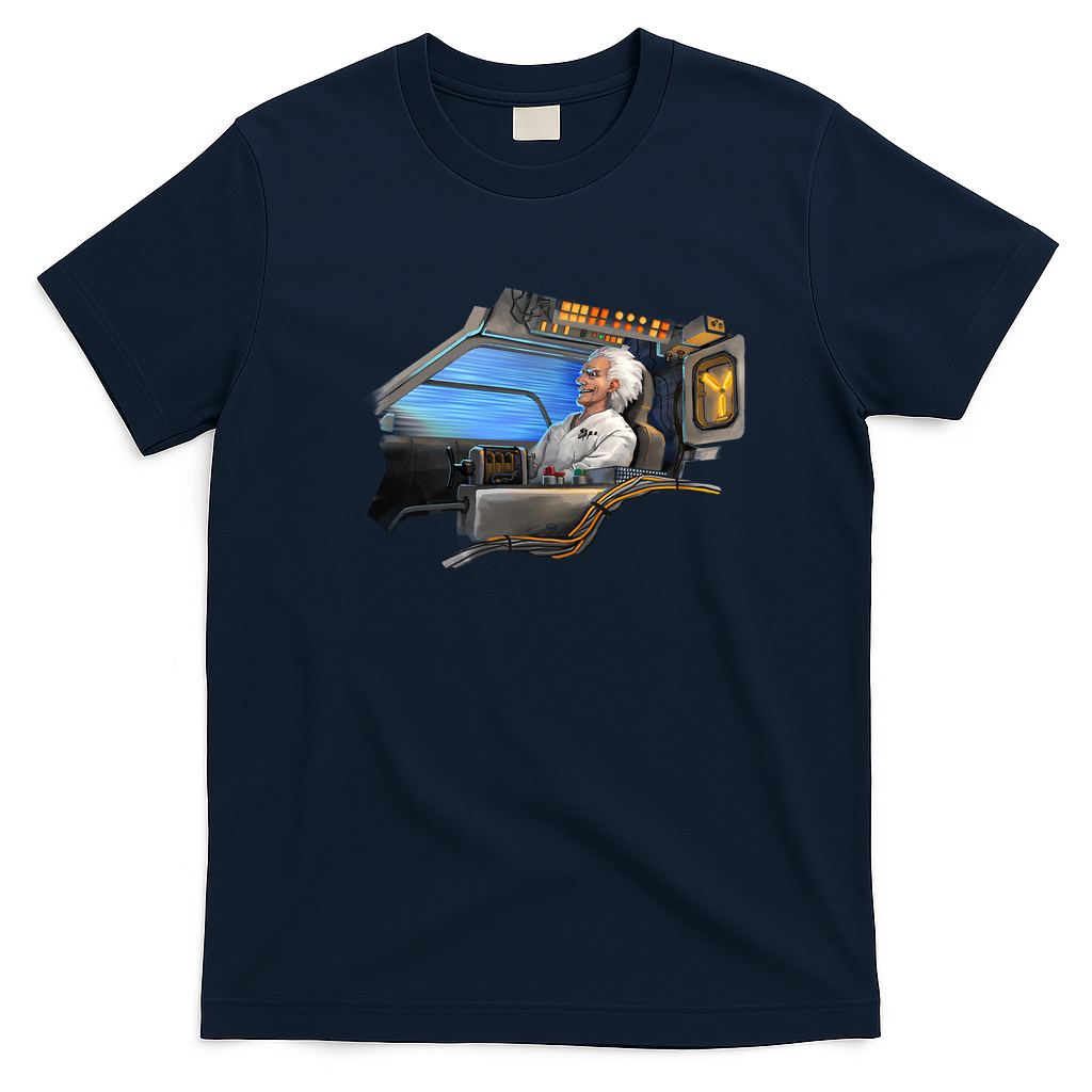 Doc Brown Riding Shotgun Retro Graphic Tee - Navy Blue