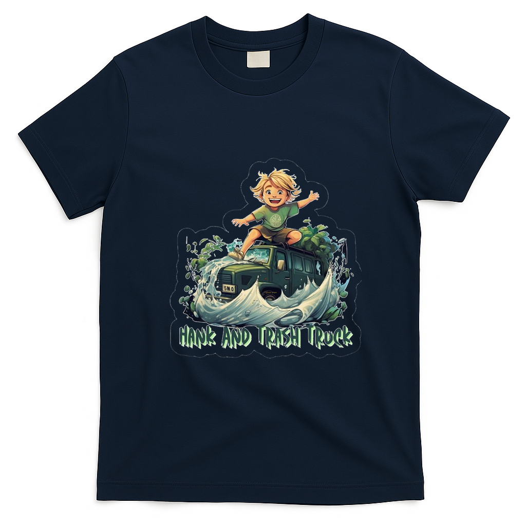Hank and Trash Truck Fun Cartoon T-Shirt - Navy Blue