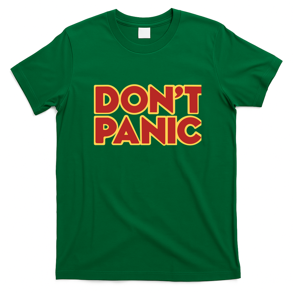Hitchhiker Galaxy Don't Panic Retro Graphic Tee - Irish Green