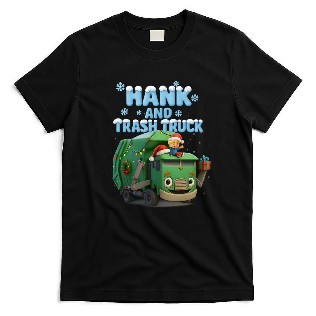 Hank and Trash Truck – Christmas Holiday Cartoon Graphic T-Shirt - Black
