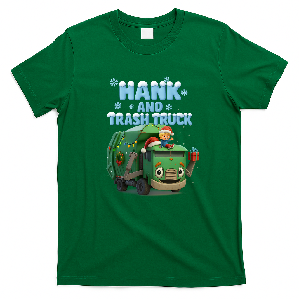 Hank and Trash Truck – Christmas Holiday Cartoon Graphic T-Shirt - Irish Green