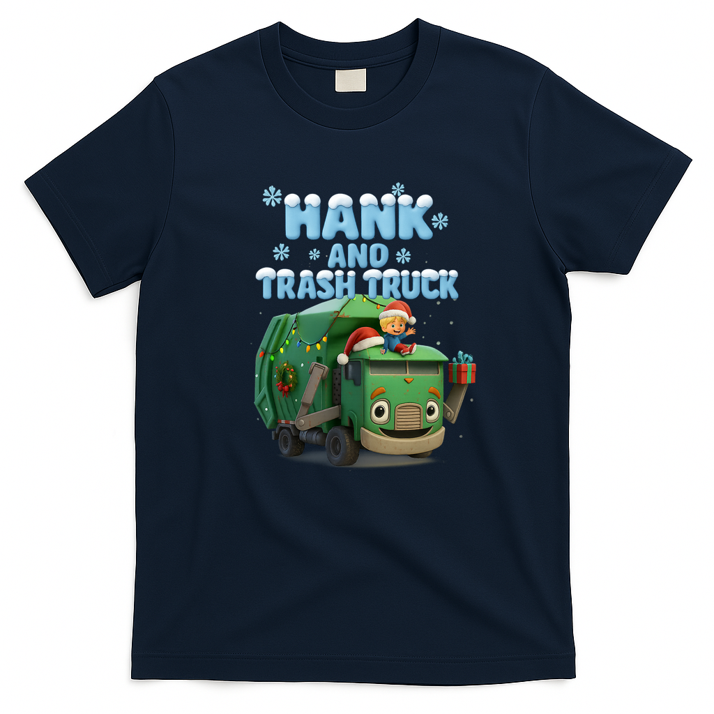 Hank and Trash Truck – Christmas Holiday Cartoon Graphic T-Shirt - Navy Blue