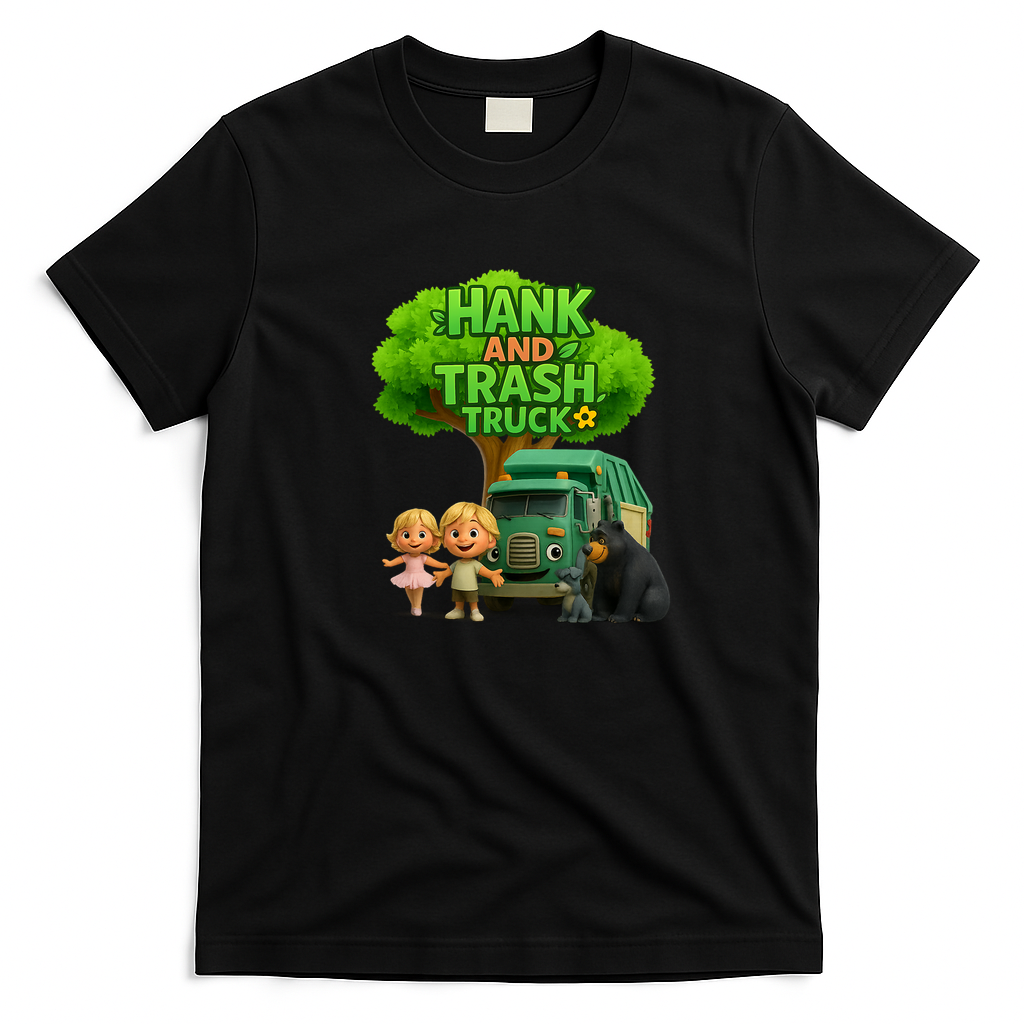 Hank and Trash Truck – Cute Kids & Animal Friends Cartoon Graphic T-Shirt - Black