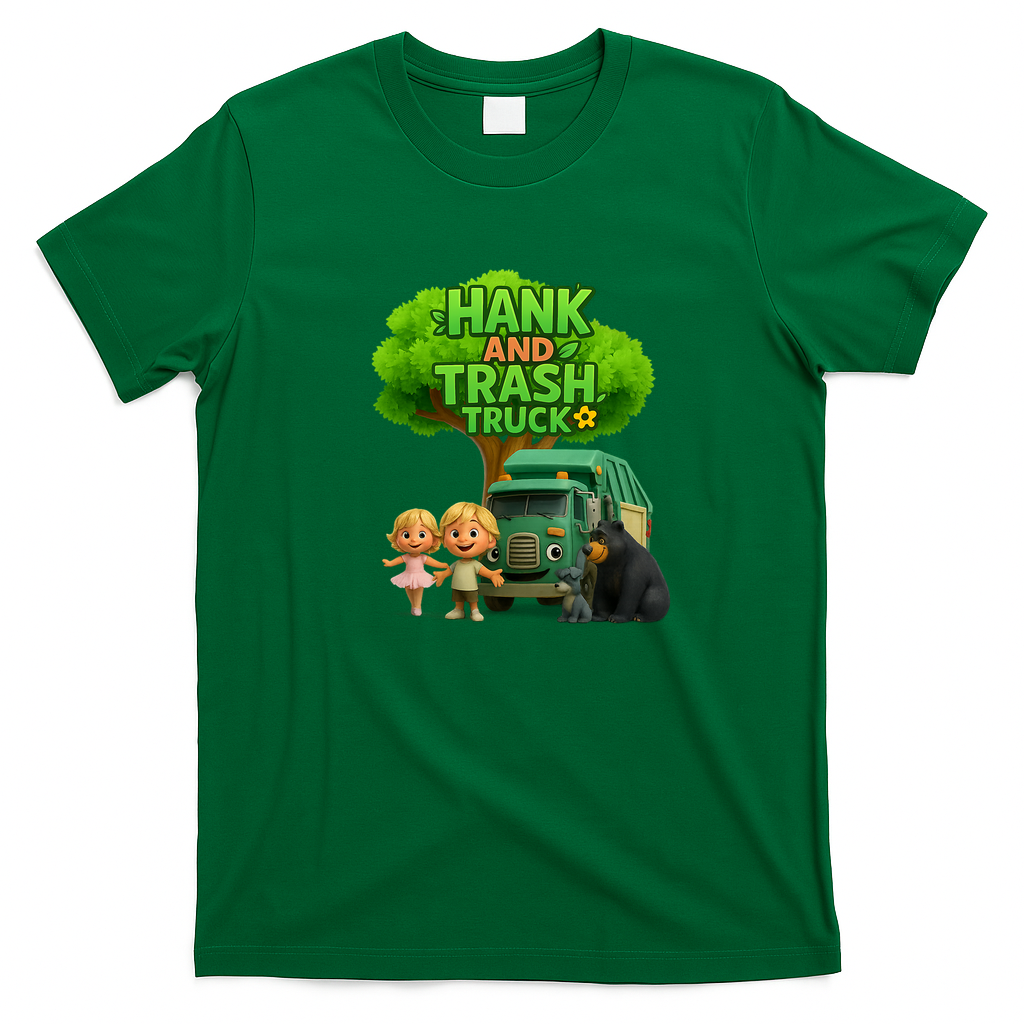Hank and Trash Truck – Cute Kids & Animal Friends Cartoon Graphic T-Shirt - Irish Green