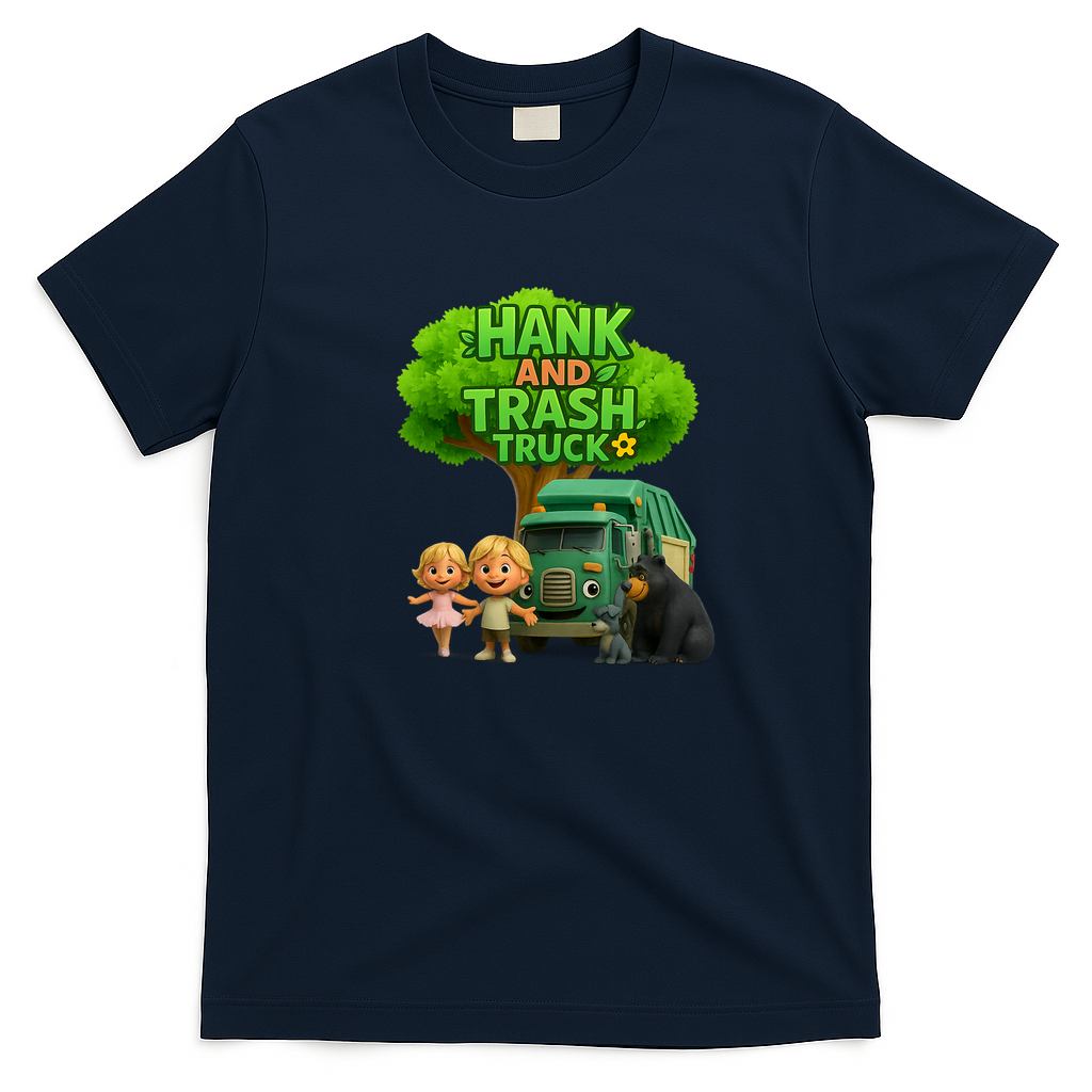 Hank and Trash Truck – Cute Kids & Animal Friends Cartoon Graphic T-Shirt - Navy Blue