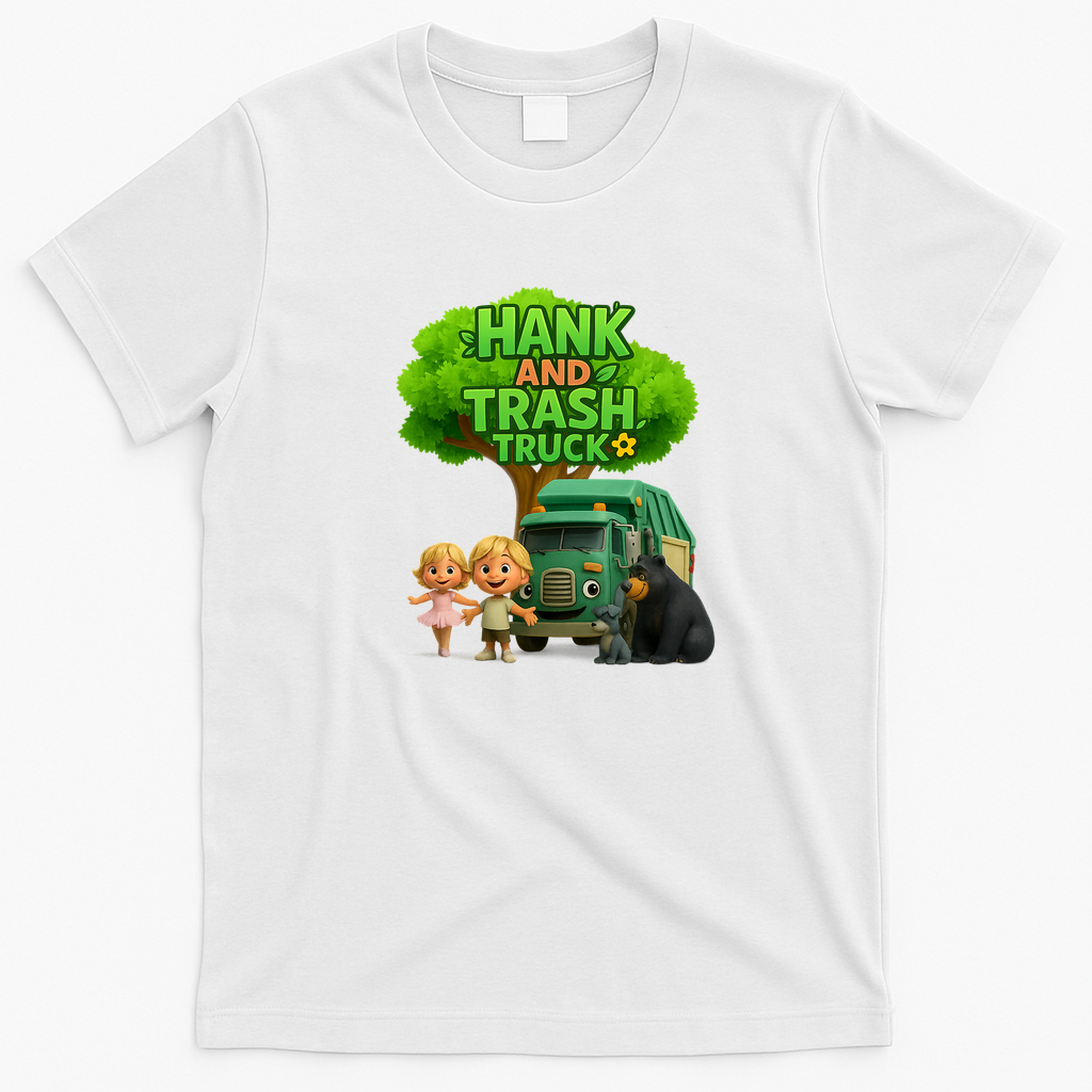 Hank and Trash Truck – Cute Kids & Animal Friends Cartoon Graphic T-Shirt - White