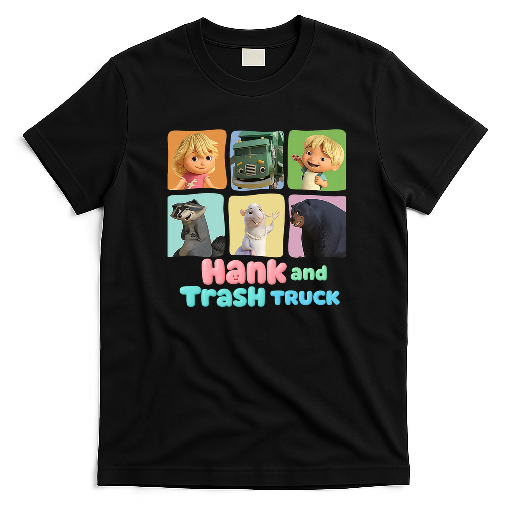 Hank and Trash Truck – Cute Cartoon Friends Collection Graphic T-Shirt - Black