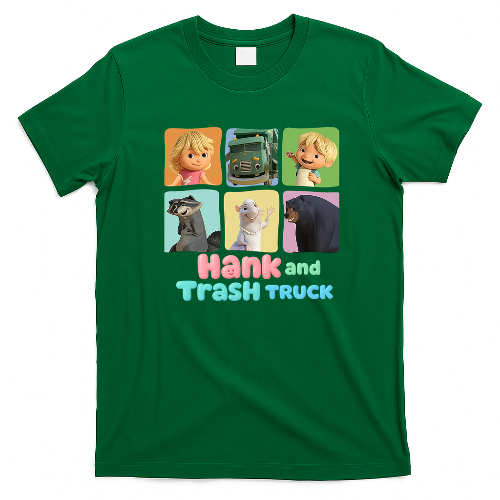 Hank and Trash Truck – Cute Cartoon Friends Collection Graphic T-Shirt - Irish Green