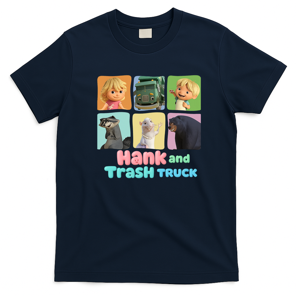 Hank and Trash Truck – Cute Cartoon Friends Collection Graphic T-Shirt - Navy Blue