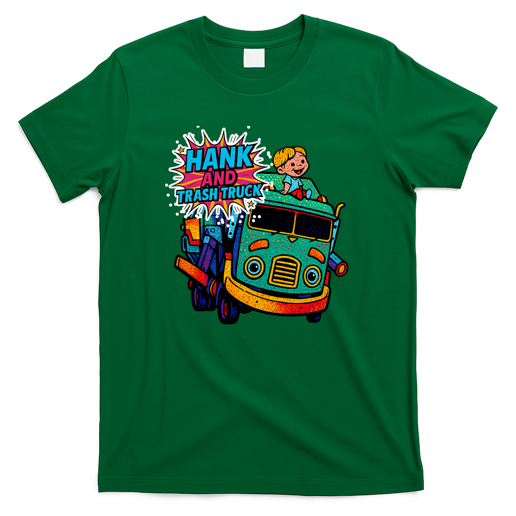 Hank and Trash Truck – Retro Pop Art Cartoon Graphic T-Shirt - Irish Green