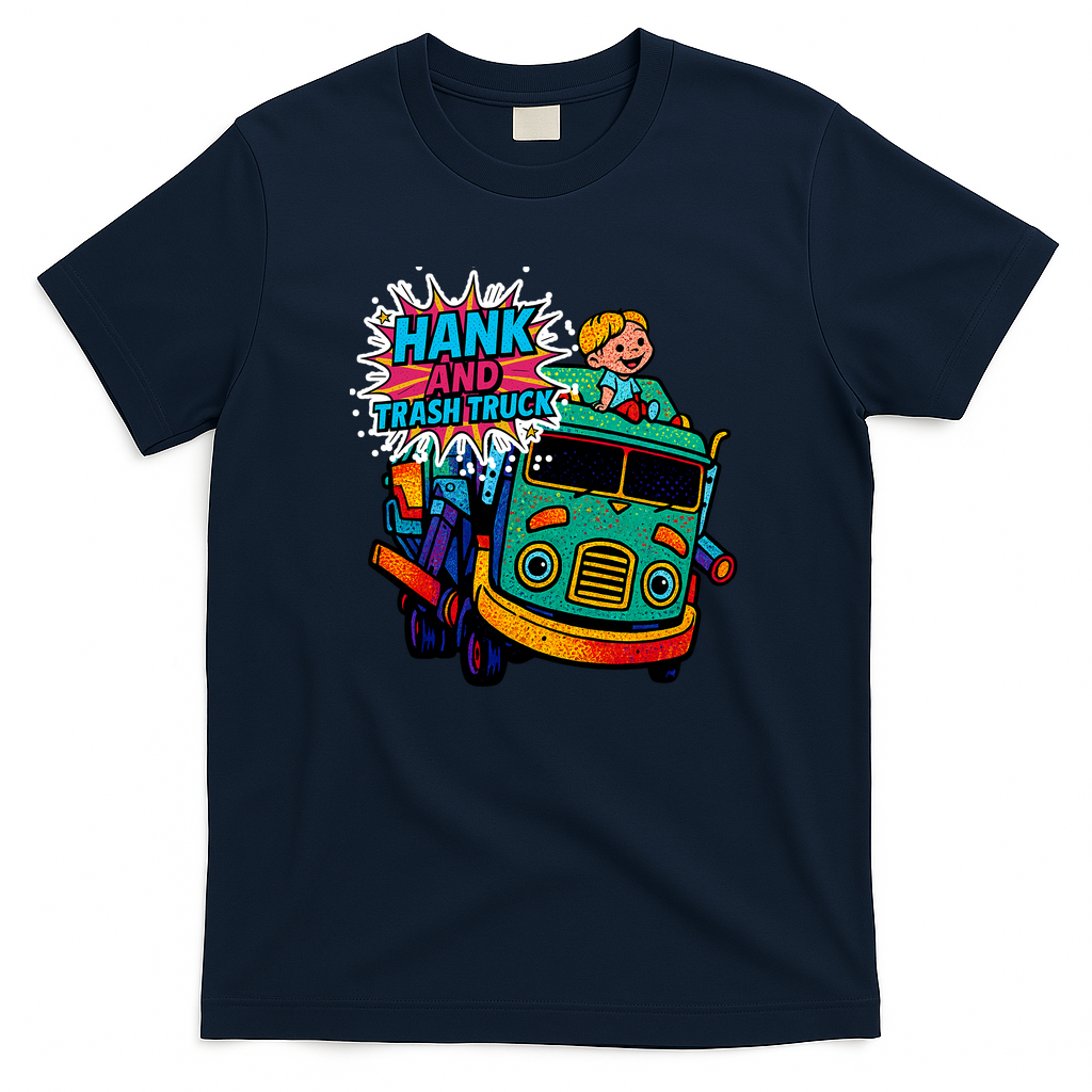 Hank and Trash Truck – Retro Pop Art Cartoon Graphic T-Shirt - Navy Blue