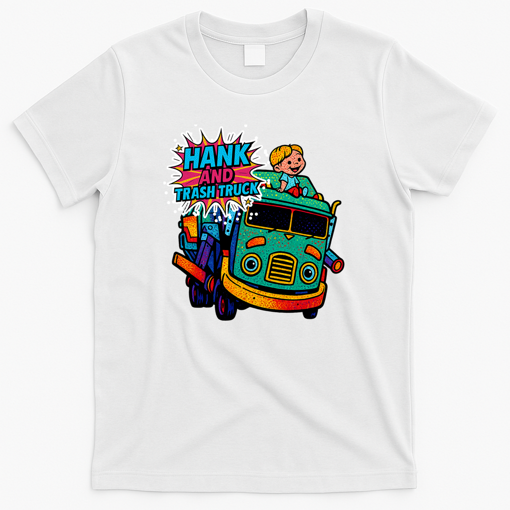 Hank and Trash Truck – Retro Pop Art Cartoon Graphic T-Shirt - White