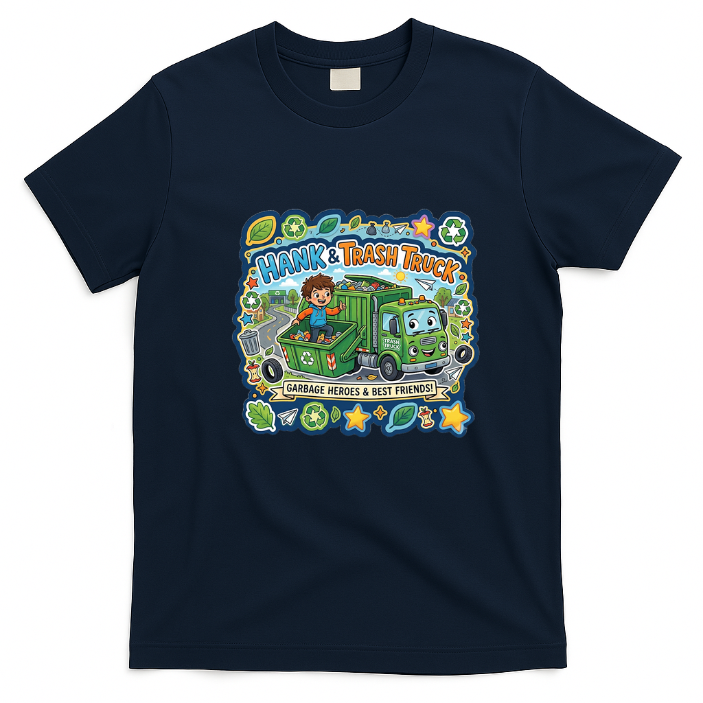 Hank and Trash Truck – Funny Garbage Truck Character Graphic T-Shirt - Navy Blue