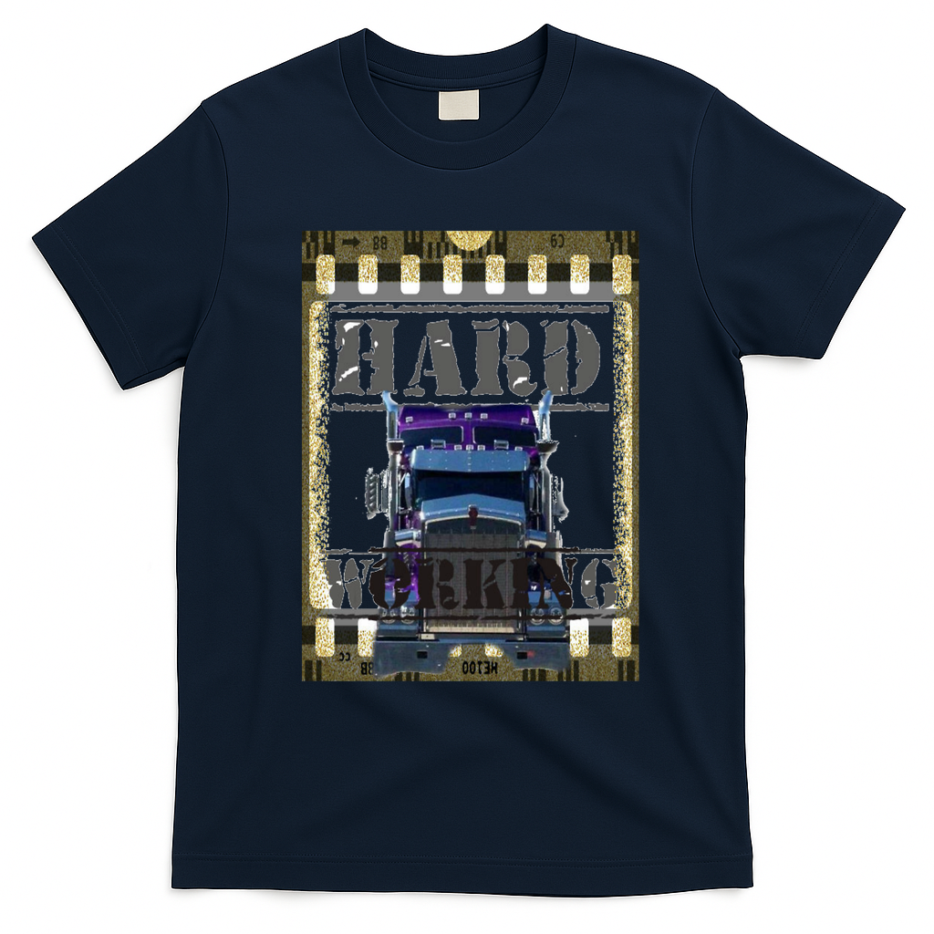 Hard-Working Trucker Graphic T-Shirt - Navy Blue