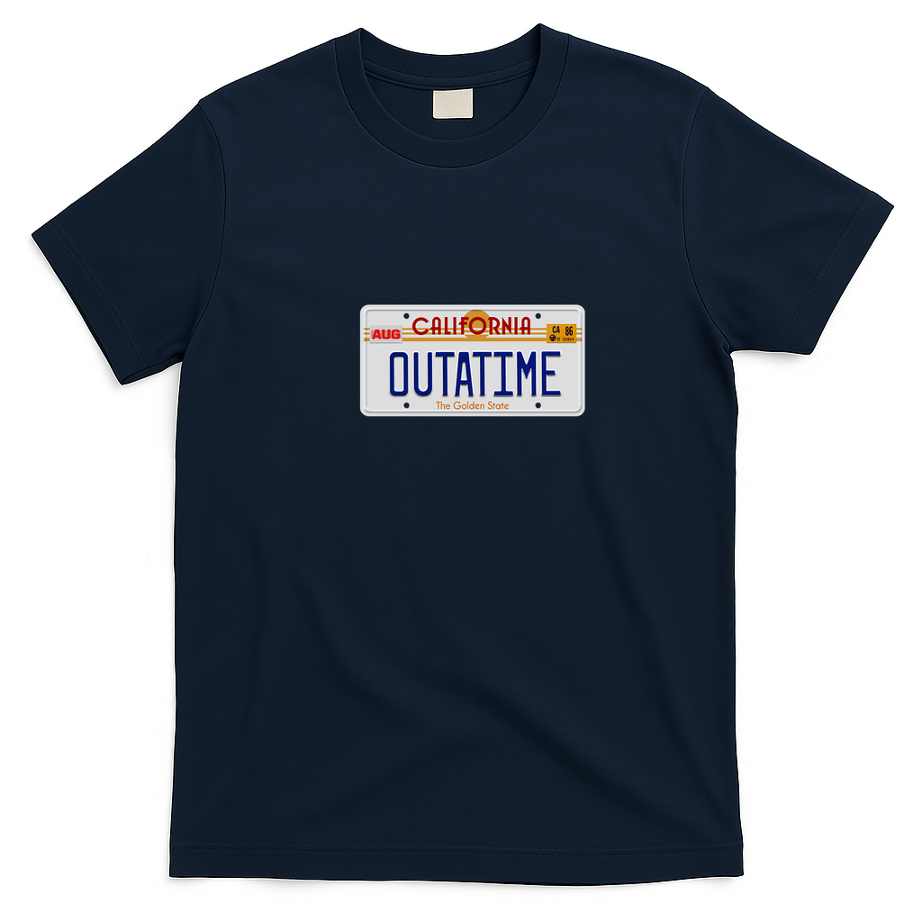 OUTATIME License Plate Retro T-Shirt - Navy Blue