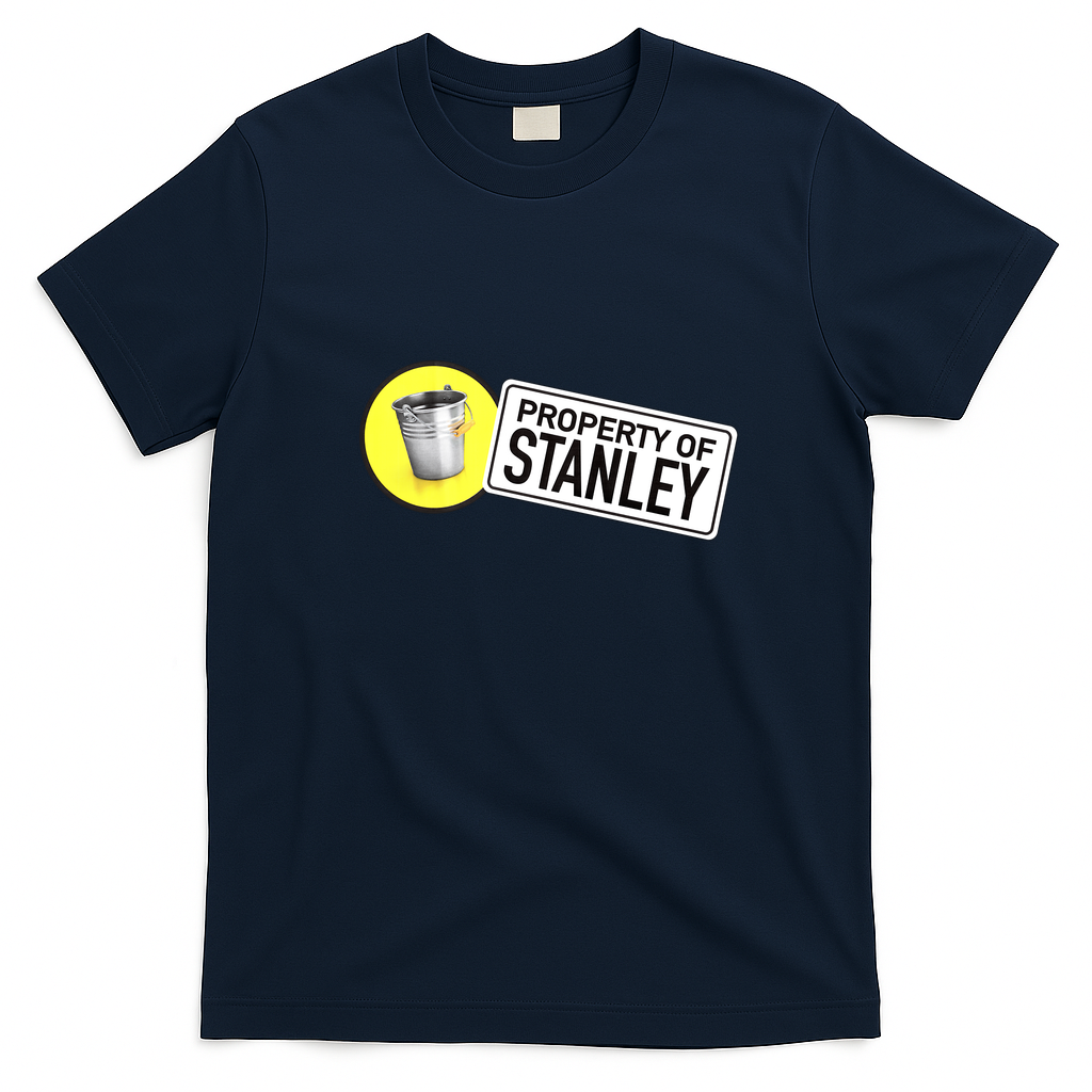 Reassurance Bucket - Property of Stanley Retro Graphic Tee - Navy Blue