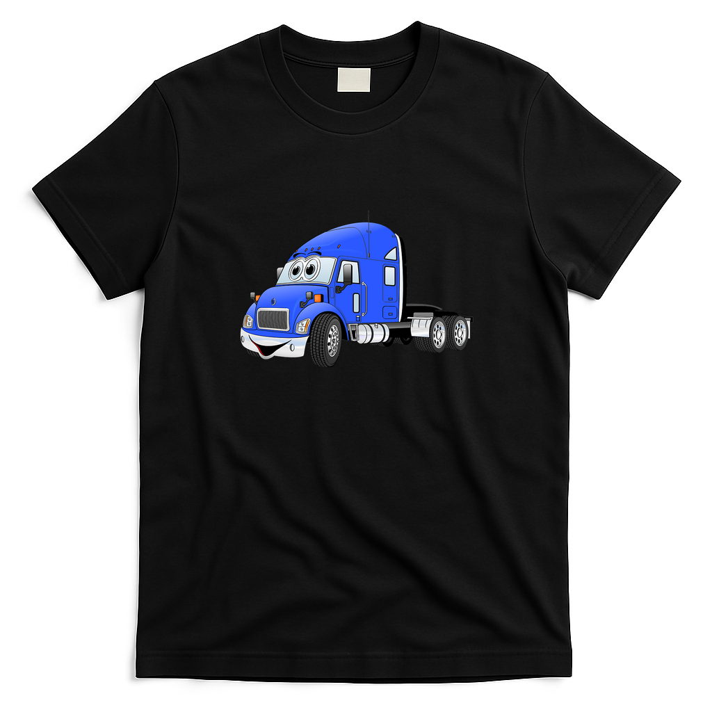 Semi Truck Blue Cartoon Graphic T-Shirt - Black