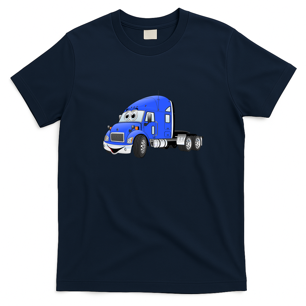 Semi Truck Blue Cartoon Graphic T-Shirt - Navy Blue