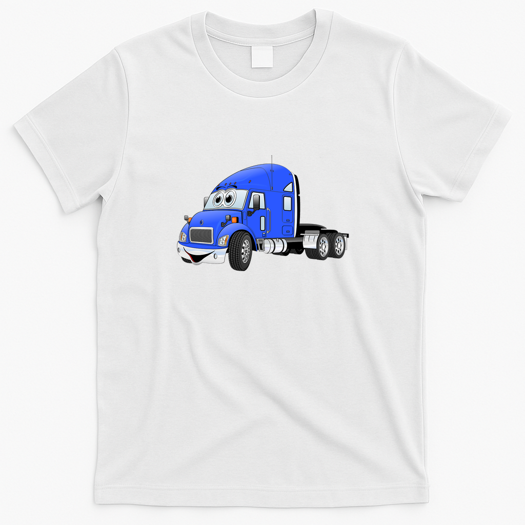 Semi Truck Blue Cartoon Graphic T-Shirt - White