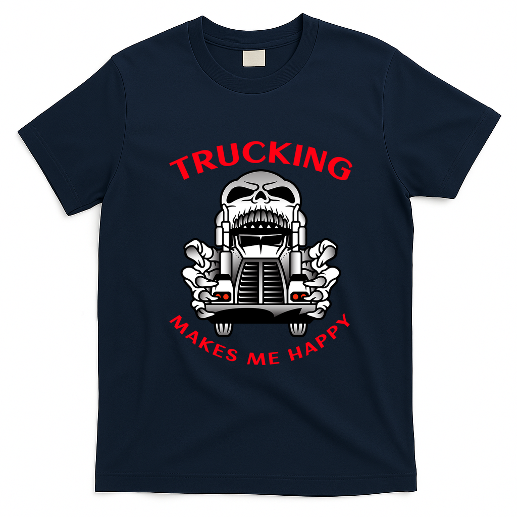 Trucker Skull Trucking Makes Me Happy Tee - Navy Blue