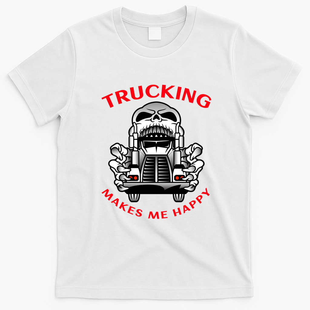 Trucker Skull Trucking Makes Me Happy Tee - White