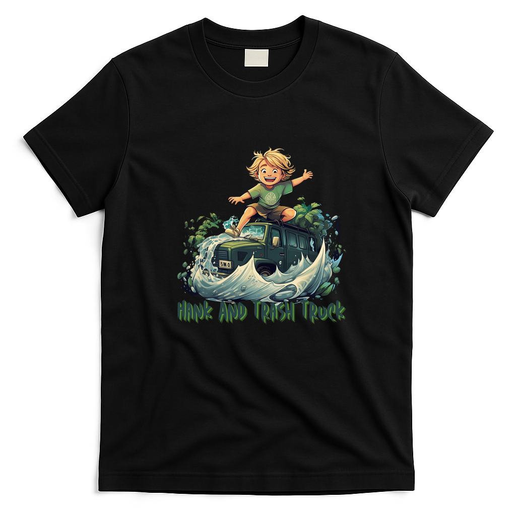 Hank and Trash Truck Cartoon Graphic T-Shirt - Black