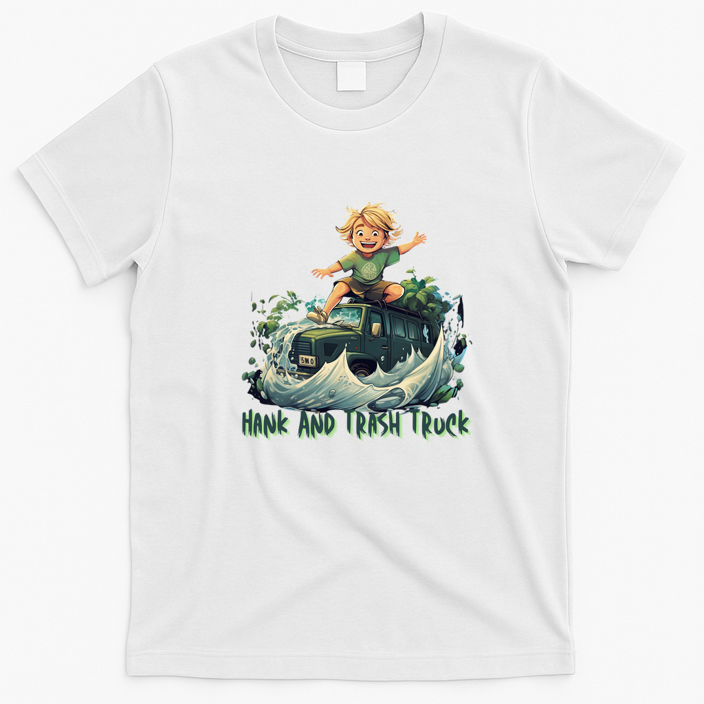 Hank and Trash Truck Cartoon Graphic T-Shirt - White